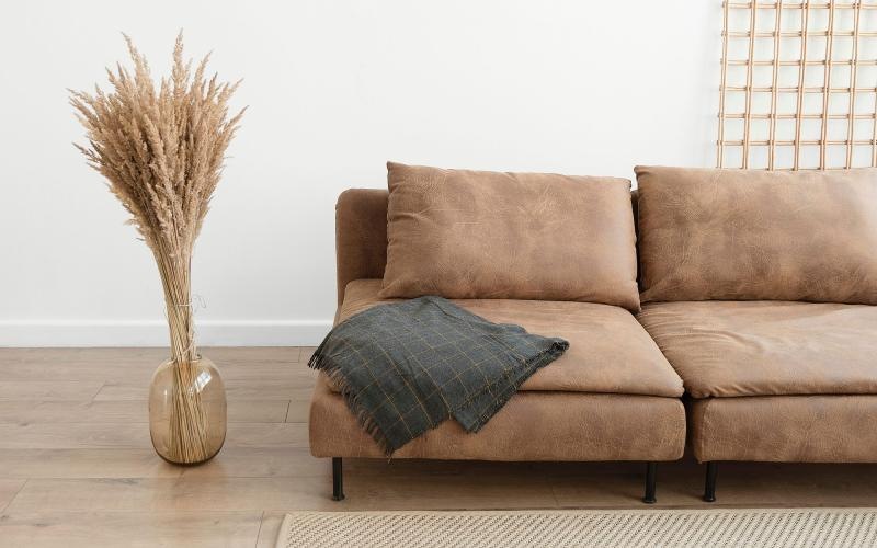 living room with a throw on a couch beside a large floor vase with a plant in it